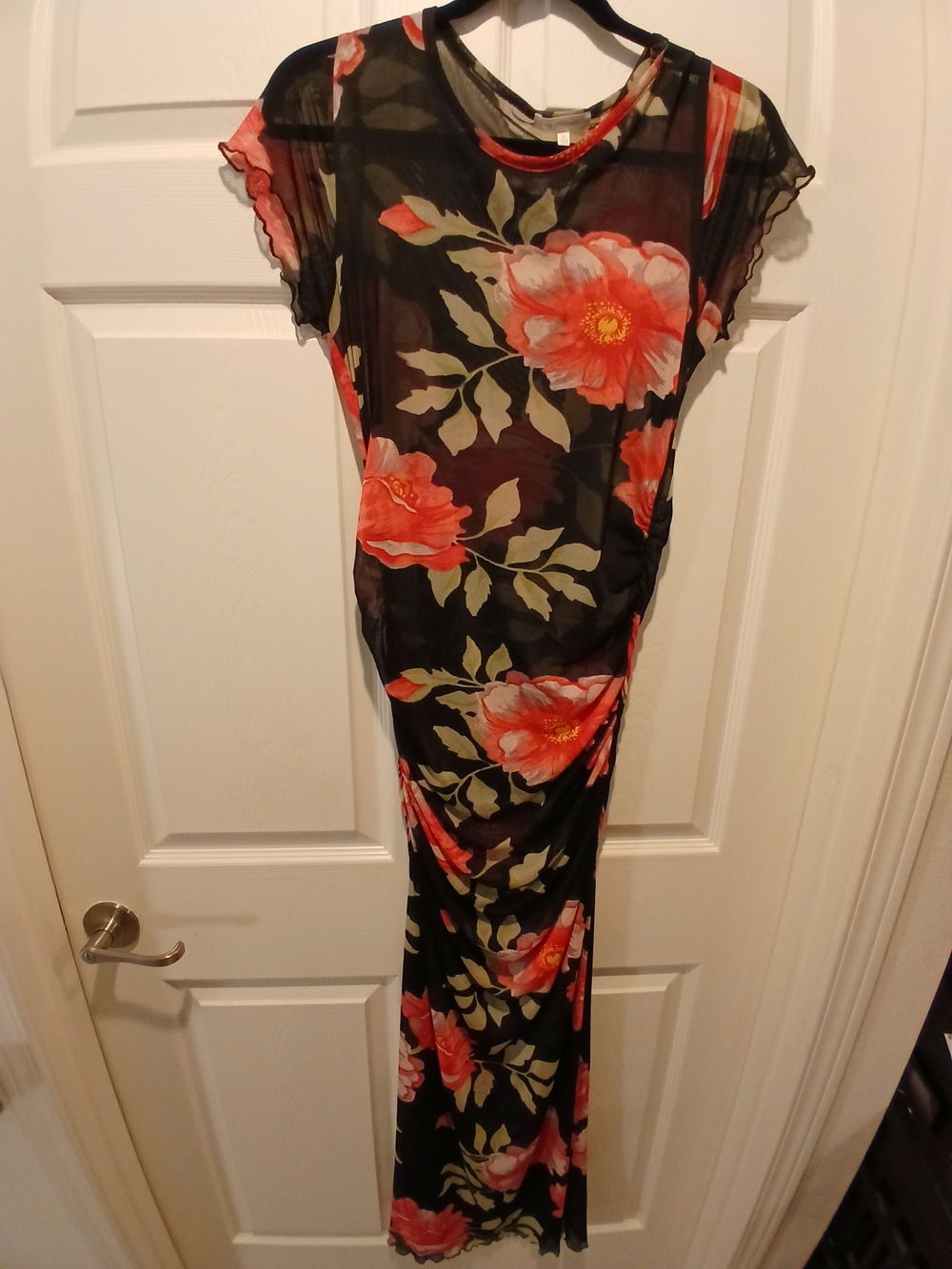 Black Sheer Maxi Dress with Coral Floral Print